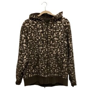 CIRCA Mens Black All Over Print Skull Back Zip Hoodie Size M Y2K VTG